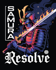 Samurai Warrior with Flaming Katana Sword and Resolve Typography