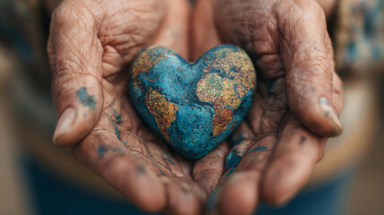 Elderly hands holding heart shaped earth sculpture.