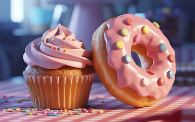 Delicious pink iced cupcake and donut with colorful sprinkles on a checkered table