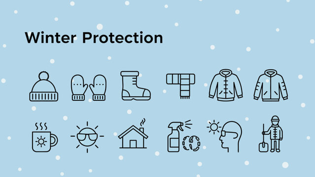Winter protection elements illustrated in a snowy scene with clothing and accessories