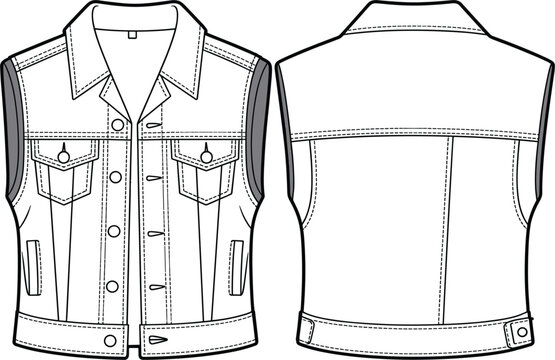 Mens casual denim vest waistcoat vector, white sleeveless jean jacket technical sketch front and back view