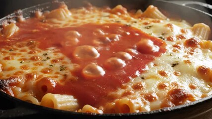 Baked Pasta Delight: A close-up shot of a steaming dish of baked pasta, perfectly cooked with a rich tomato sauce, generously topped with melted cheese, offers a glimpse of culinary pleasure.