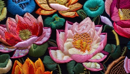 seamless embroidered lotus garden a close up showcases a mesmerizing array of lotus flowers in full bloom capturing delicate layers and vibrant colors portraying serene elegance