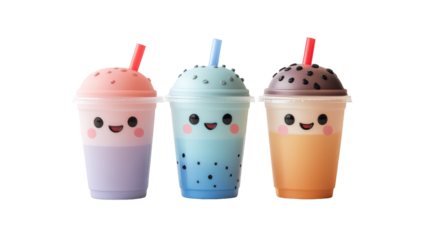 Three Kawaii Food and Drink Mascots with Smiling Faces on transparent background