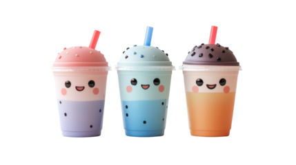 Three Kawaii Food and Drink Mascots with Smiling Faces on transparent background