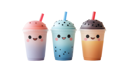 Three Kawaii Food and Drink Mascots with Smiling Faces on transparent background