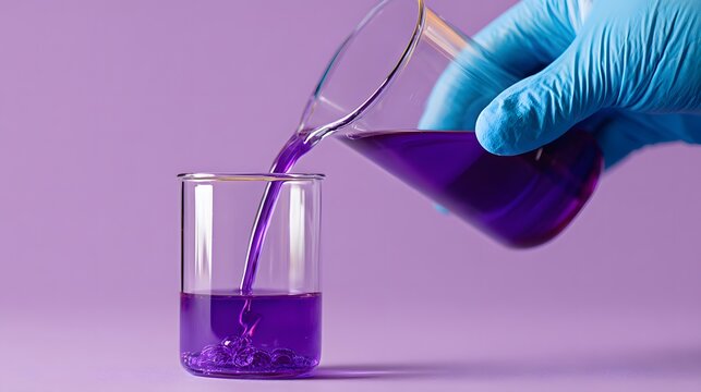 Purple liquid being poured from a beaker into a glass, science experiment.