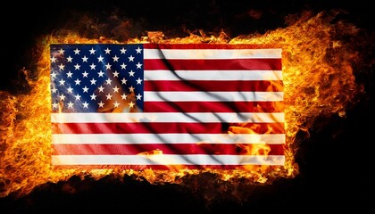 Burning Usa Flag On Black Background American Symbol On Fire