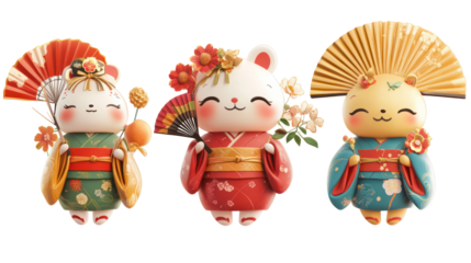 Three Kawaii Japanese Mascots with Small Props like Fans and Umbrellas on transparent background