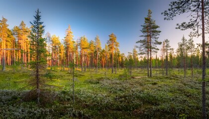 An Old Coniferous Forest On A Sunny Summer Evening In Northern Finland Europe