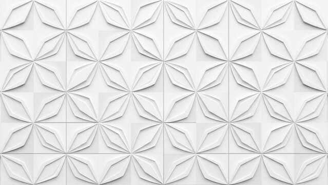 White 3d geometric tile pattern with flowerlike shapes arranged in rows and columns on a flat surface
