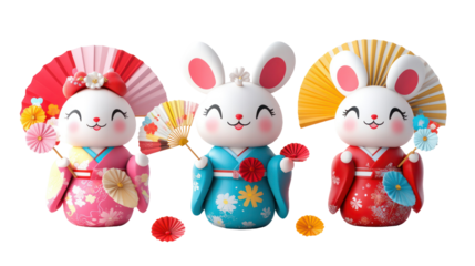 Three Kawaii Japanese Mascots with Small Props like Fans and Umbrellas on transparent background