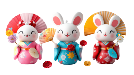 Three Kawaii Japanese Mascots with Small Props like Fans and Umbrellas on transparent background