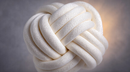 Intricate white knot made of soft fabric, showcasing detailed weaving and texture, illuminated by gentle light, symbolizing unity and connection in design