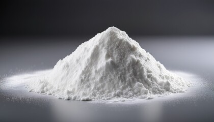 A Small Mound Of Fine White Powder Like Flour Or Baking Soda Isolated On A Neutral Grey Background