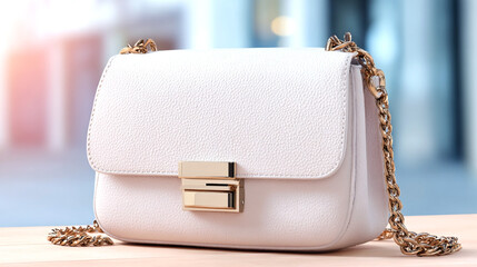 Elegant white handbag with gold accents and chain strap, displayed on wooden surface, showcasing modern design and luxury fashion accessories for stylish individuals