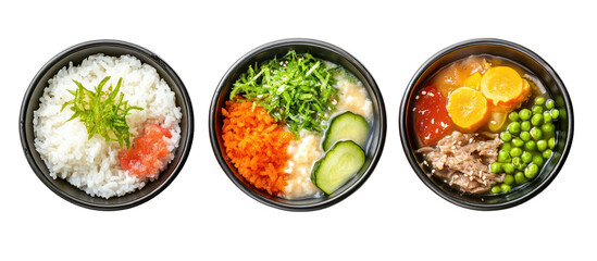 Three Sets of Japanese New Year Breakfast Plates with Rice on transparent background