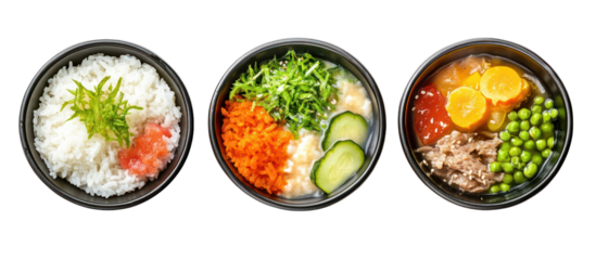 Three Sets of Japanese New Year Breakfast Plates with Rice on transparent background