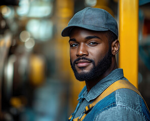 Close-up male industrial worker in cap and harness, standing confidently in front of industrial machinery yellow background, representing modern factory life.