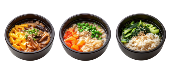 Three Sets of Japanese New Year Breakfast Plates with Rice on transparent background