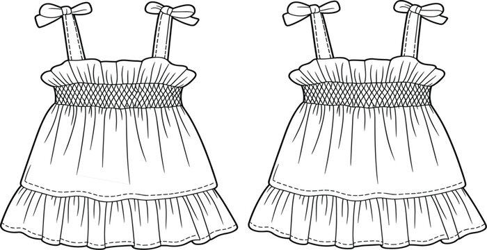 Baby girl tiered sun top with bow straps, infant ruffled camisole blouse technical fashion sketch vector