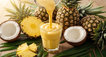 Fresh Pineapple Smoothie Being Poured into Glass with Tropical Fruit Arrangement