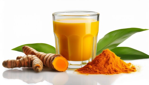 stunning photo of turmeric tea in glass with turmeric root flower and powder on white