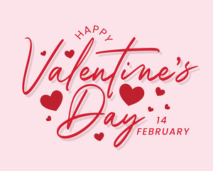 Happy Valentine's Day typography greeting card with hearts vector illustration on pink background. Valentine's day banner, poster, wallpaper, party, invitation card design. Cute love lettering