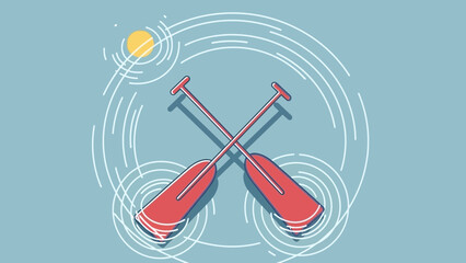 Two red oars crossed over rippling water with a yellow sun.