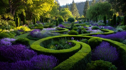 Obraz premium Serene Garden Landscape with Lush Green Hedges and Purple Lavender Blooms.