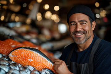 Smiling Fishmonger Holding Fresh Salmon. Cheerful fishmonger at seafood market proudly holds fresh salmon over ice