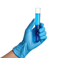 Hand in blue glove holding a test tube filled with bright blue liquid, against black background