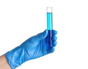 A gloved hand holds a test tube filled with vibrant blue liquid against a black background