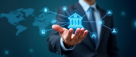 Technology and business finance concept Businessman show icon online banking and icon network connection online payments shopping and digital technology on virtual screen global business. concept as B - Powered by Adobe