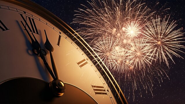 New Year's Eve Countdown Clock Striking Midnight with Fireworks Exploding in the Night Sky