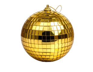 Golden, mosaic-tiled sphere with small hanging loop, reflective surface on black background