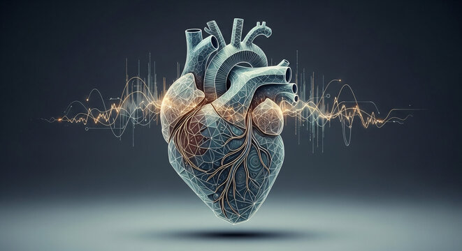 Anatomical heart illustration with electronic waveform on dark background