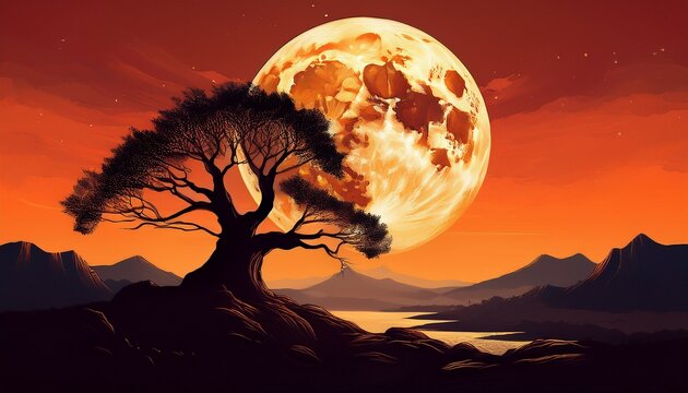 a striking silhouette of a tree against a giant orange moon and distant mountains creating a serene and mystical landscape