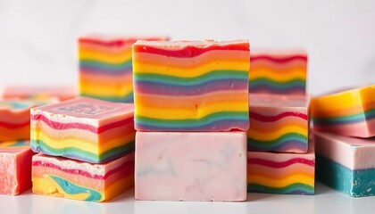 Vibrant rainbow soap bars, stacked & close-up, organic, fresh