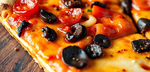 A close-up of a supreme pizza slice showing layers of toppings,  topping,  food photography