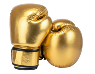 Two shiny golden boxing gloves, isolated on a transparent background, side view