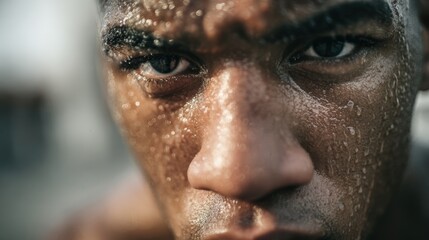 Obraz premium Intense Close-Up of Aspiring Boxer Wiping Sweat with Focused Gaze