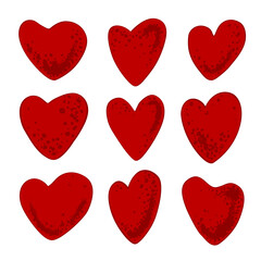 Set of red Valentine spotted hearts on white background. Vector isolated illustration
