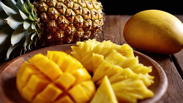 Freshly cut mango and pineapple on wooden plate ready for serving during a summer gathering in a kitchen area