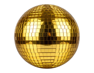 Golden sphere covered in reflective tiles, isolated on black, reflecting light