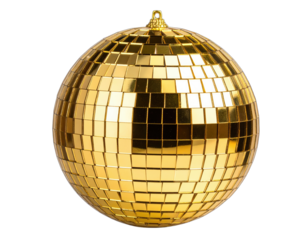 Gleaming golden sphere, segmented into mirrored tiles, suspended against a black background