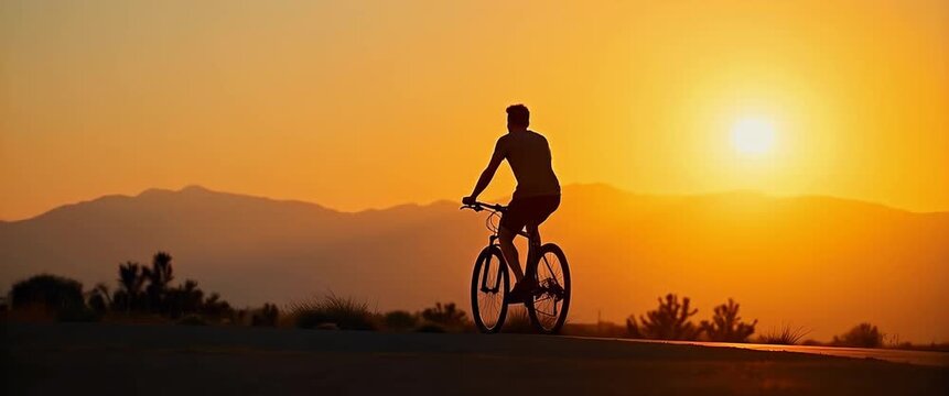 Young man riding bicycle against sunset background symbolizing freedom and outdoor adventure. concept as Young man rides bicycle against sunset background symbolizing freedom and outdoor adventure. in