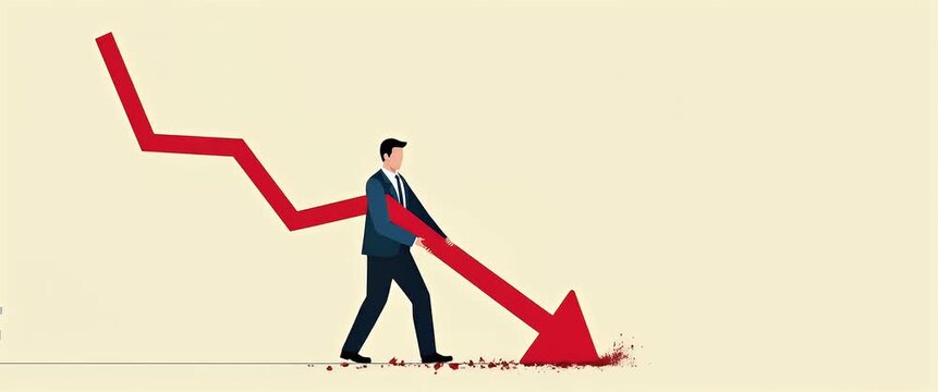Businessman bankrupt recession loss business vector concept illustration. Man pushed red arrow downward. Failure pressure market cut crisis. Economy debt fall rate. Risk investment currency price. con