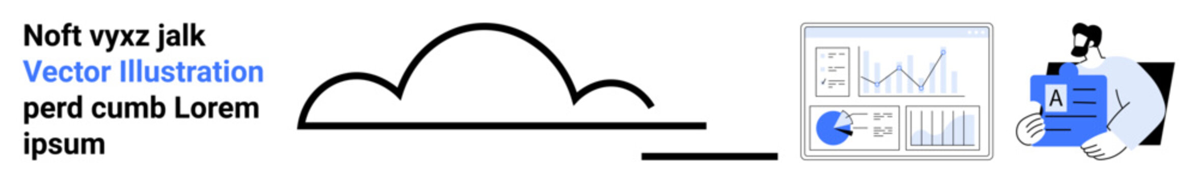 Cloud outline, analytics dashboard with graphscharts, and developer profile card represent technology, data analysis, communication, and storage. Ideal for IT, cloud, business technology data