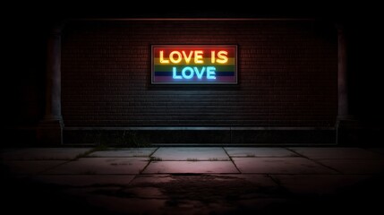 Custom neon sign reading LOVE IS LOVE glowing in dark background